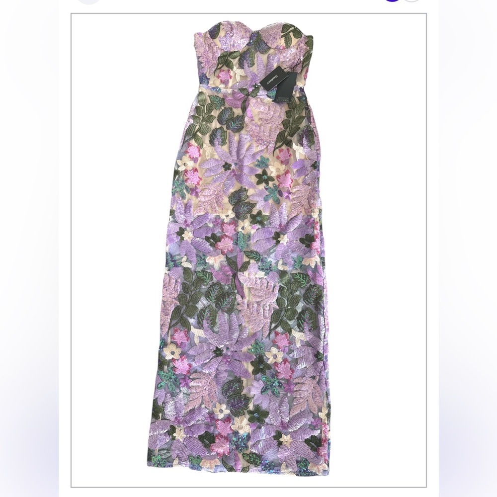 Bella Barnett Eugenia Flowers Sequins Strapless Mesh Dress Purple Size Small NWT - Picture 4 of 14